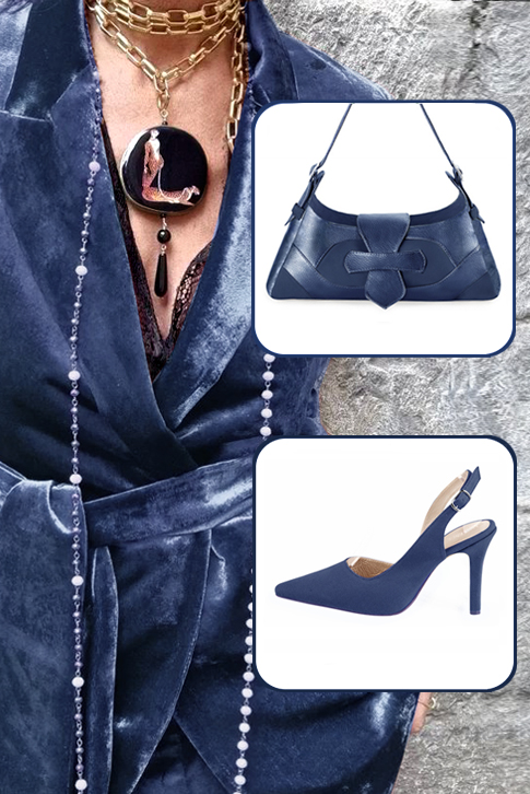 Women's prussian blue elegant slingback heels. Pointed toe. High slim heel - Top view